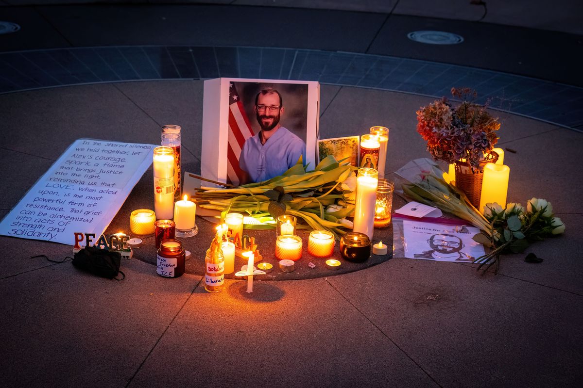 At the Rotary Fountain in Riverfront Park on Monday, people honored Alex Pretti who was shot and killed by a U.S. Border Patrol agent in Minneapolis last weekend.  (COLIN MULVANY /THE SPOKESMAN-REVIEW)