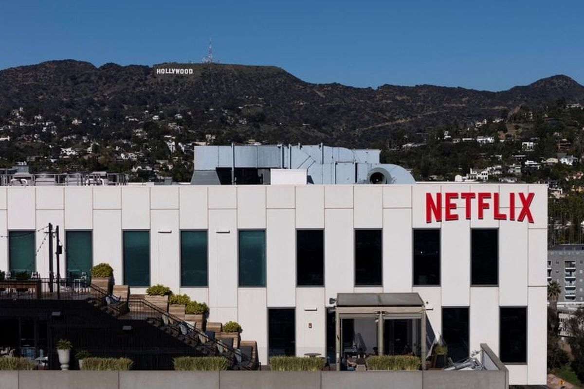 A drone view shows the Netflix logo on one of their buildings in the Hollywood neighborhood of Los Angeles, California, December 8, 2025.   (Daniel Cole/Reuters)
