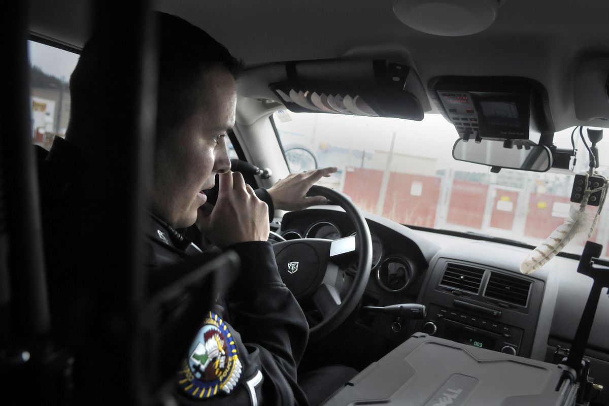 Detective Sam Abrahamson pulls out of Tribal Police Headquarters in Plummer as he patrols the Coeur d