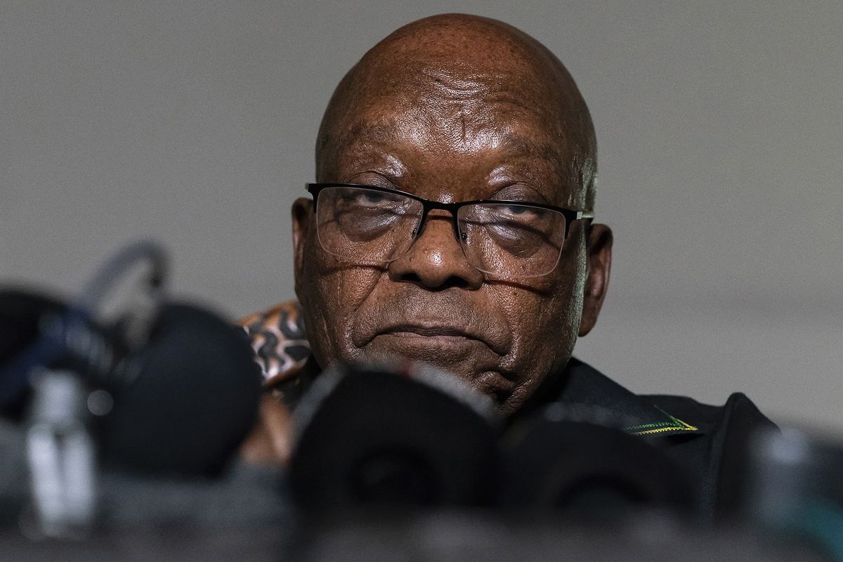 In this Sunday, July 4, 2021 photo, former President Jacob Zuma addresses the press at his home in Nkandla, KwaZulu-Natal Province, South Africa. Zuma has been granted medical parole, after serving two months of a 15-month sentence for contempt of court.  (Shiraaz Mohamed)