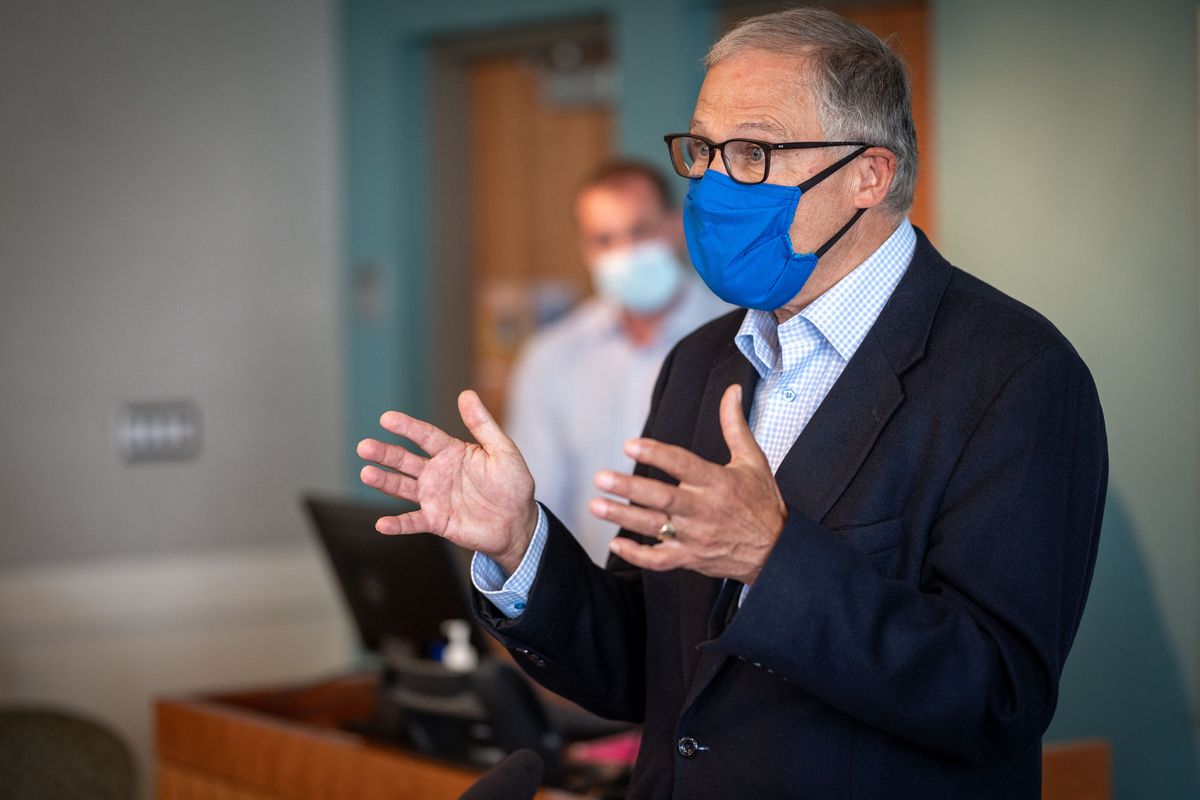 Gov. Jay Inslee meets with the press on  Thursday, June 25, 2020, at Washington State University’s Spokane’s Pharmaceutical and Biomedical Sciences building.  (Colin Mulvany/THE SPOKESMAN-REVIEW)