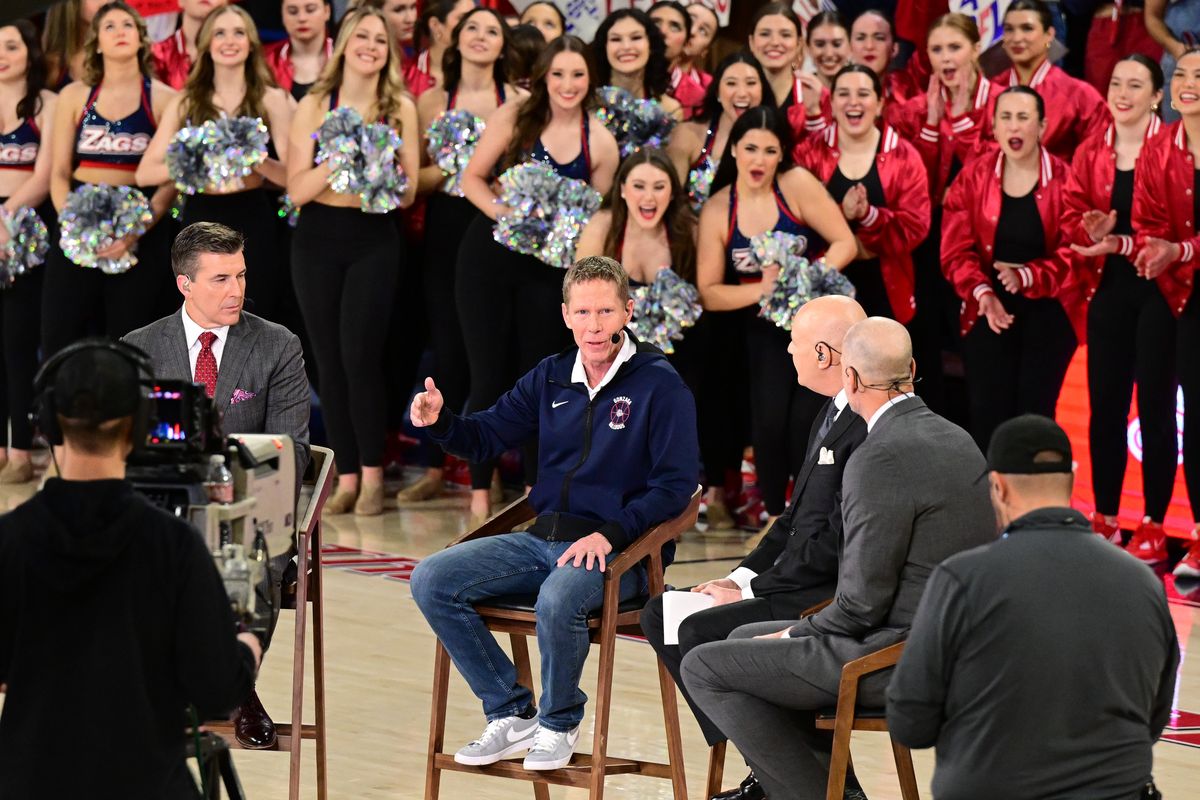 From left, ESPN’s Rece Davis interviews Gonzaga head coach Mark Few with fellow GameDay hosts Seth Greenberg and Jay Billas during College GameDay on Saturday.  (Tyler Tjomsland/The Spokesman-Review)