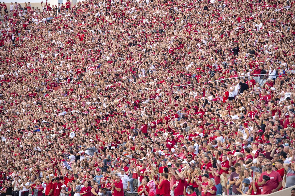 Indiana fans pack the stadium for the kickoff of an NCAA college football game against Idaho, Saturday, Sept. 11, 2021, in Bloomington, Ind.  (Doug McSchooler)