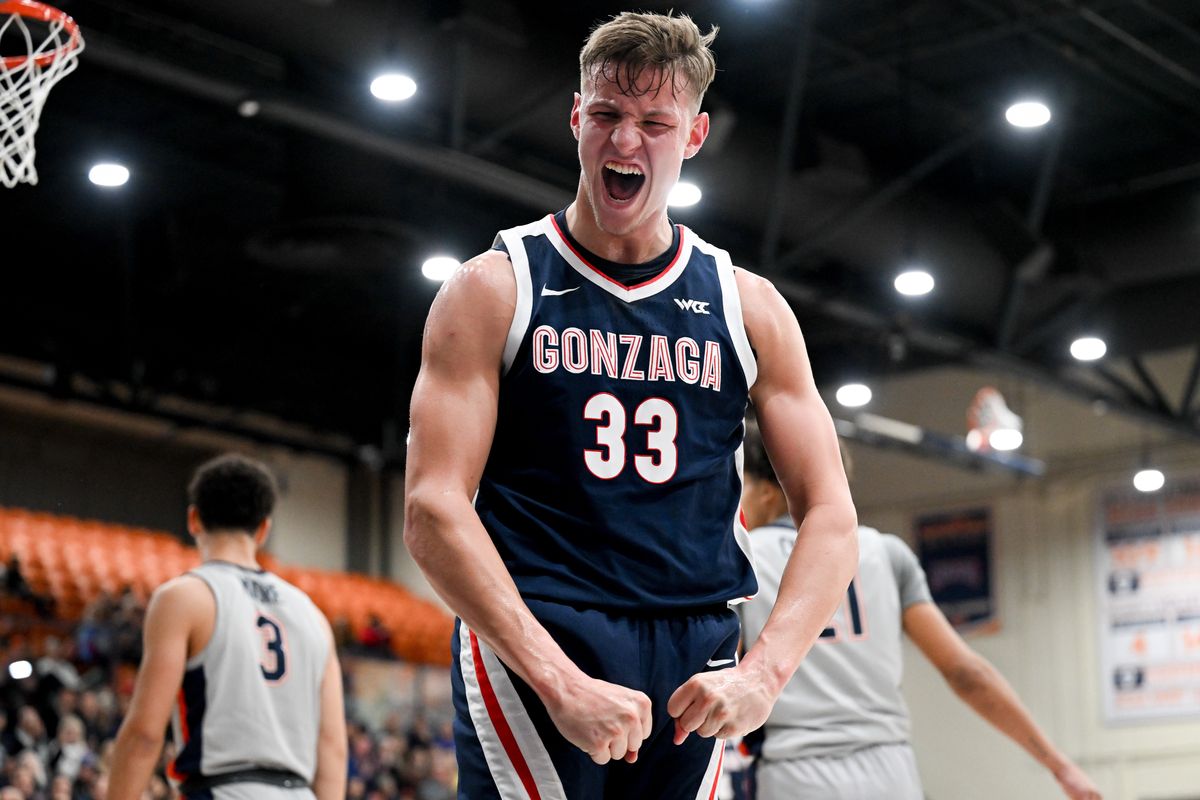 Gonzaga Bulldogs forward Ben Gregg (33) reacts after picking up a foul on a scoring play the first half of a college basketball game against the Pepperdine Waves on Thursday, Jan. 18, 2024, at Firestone Fieldhouse in Malibu, Calif.  (Tyler Tjomsland/The Spokesman-Review)