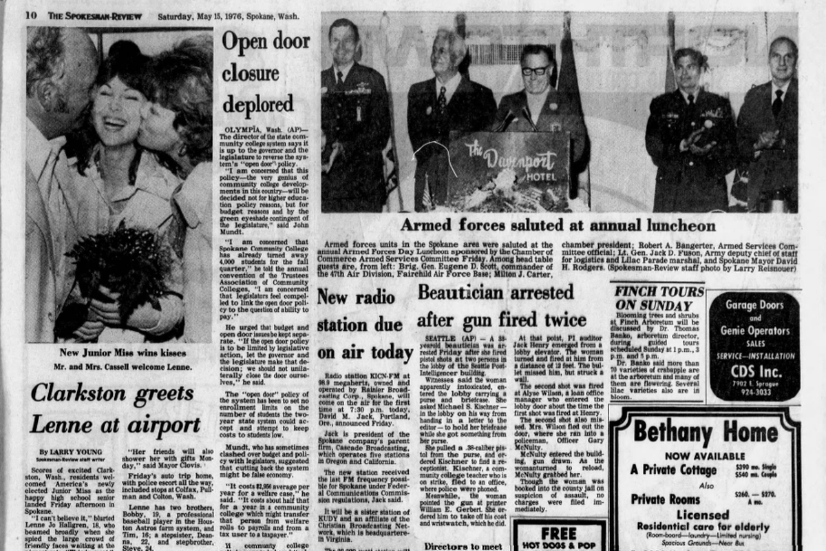 Lenne Jo Hallgren, a senior at Clarkston High School, won the Junior Miss Pageant in Alabama, and she was greeted by scores of Clarkston residents upon her return to the Spokane International Airport, The Spokesman-Review reported on May 15, 1976.  (Spokesman-Review archives)