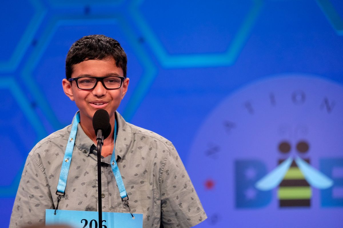 Saharsh Vuppala of Bellevue, 13, competes in the semifinals of the Scripps National Spelling Bee at National Harbor, Md., on Wednesday.  (Orion Donovan-Smith/The Spokesman-Review)