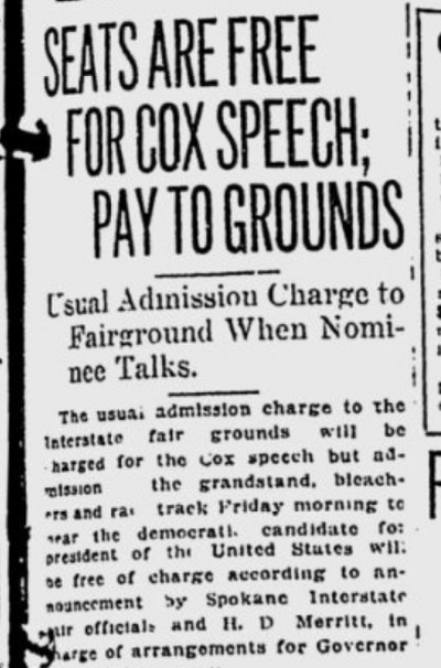 The Interstate Fair would allow free admission to a speech by James M. Cox, the Democratic nominee for president in the 1920 election. 