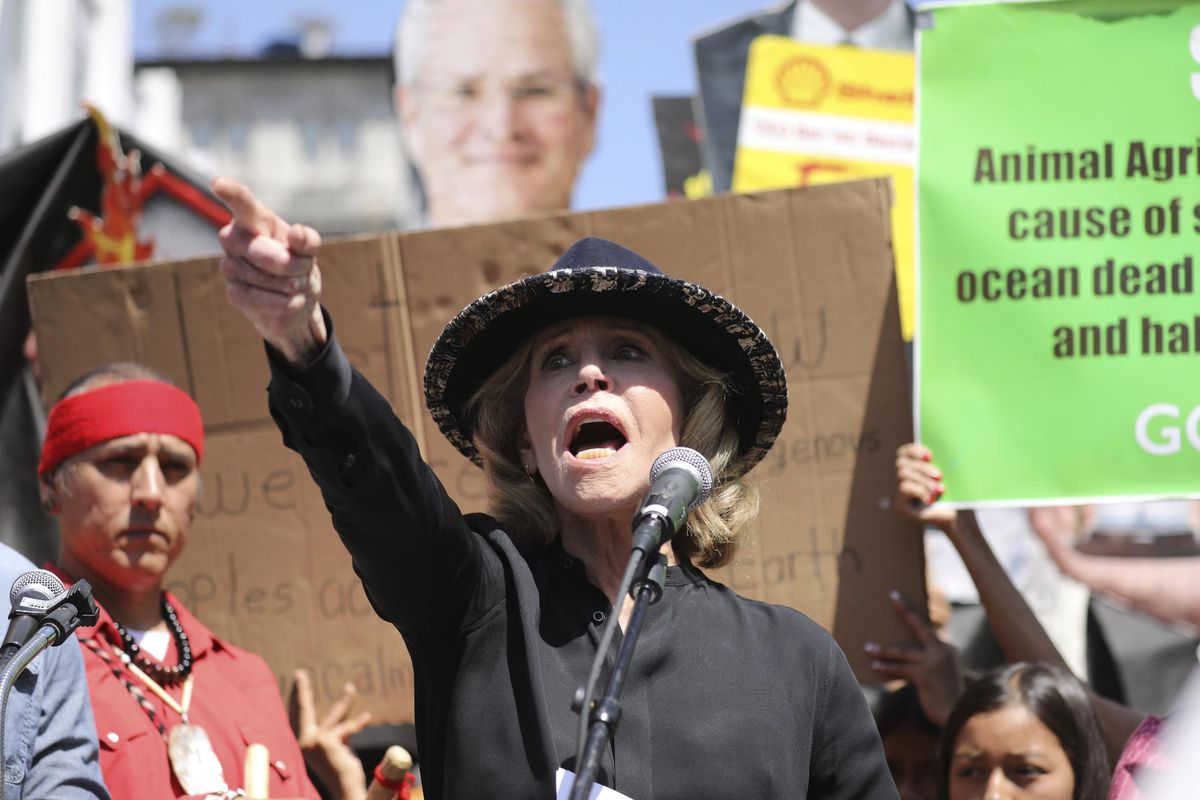 Actress and activist Jane Fonda talks to a crowd of protestors during a global climate rally at Pershing Square in downtown Los Angeles on Friday, Sept. 20, 2019. A wave of climate change protests swept across the globe Friday, with hundreds of thousands of young people sending a message to leaders headed for a U.N. summit: The warming world can’t wait for action. (David Swanson / Associated Press)