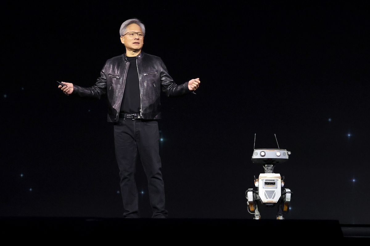 Nvidia CEO Jensen Huang delivers a keynote address during the Nvidia GTC Artificial Intelligence Conference at SAP Center on March 18, 2024, in San Jose, California.   (Justin Sullivan/Getty Images North America/TNS)