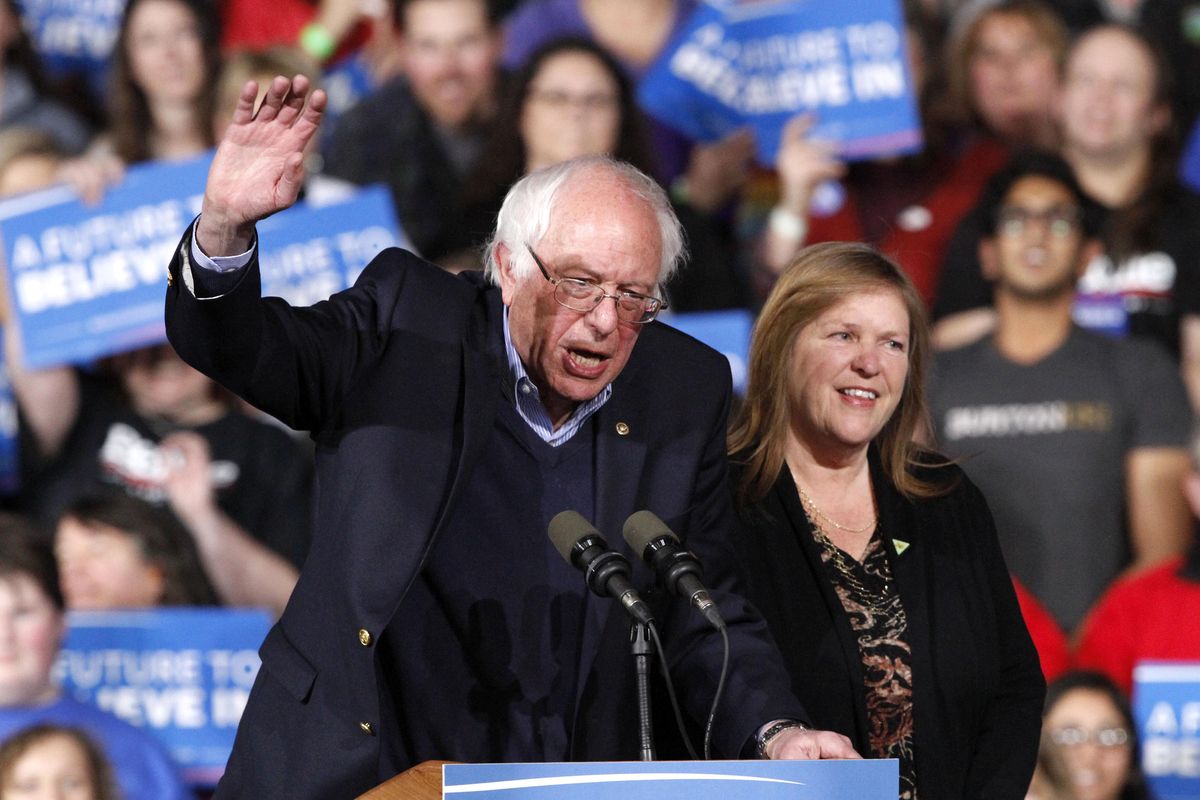 Democratic presidential candidate Sen. Bernie Sanders, I-Vt., with his wife Jane Sanders, waves as they arrive to a primary night rally in Essex Junction, Vt., Tuesday, March 1, 2016, on Super Tuesday. (Jacquelyn Martin / Associated Press)