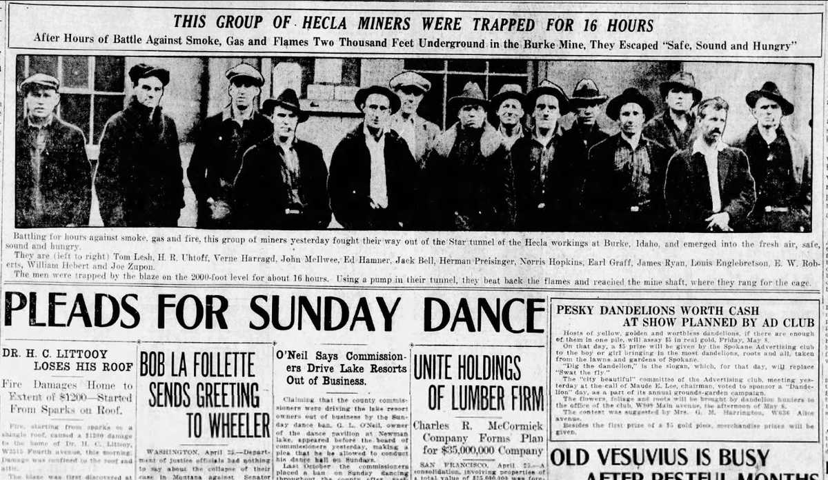 Burke, Idaho, residents had been in suspense for 16 hours when word was received that 14 miners trapped by fire were safe, the Spokane Daily Chronicle reported on April 25, 1925.  (Spokesman-Review archives)