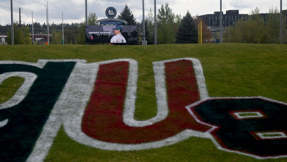 The field at Patterson Baseball Complex was decorated during a celebration of life for Gonzaga associate head coad Danny Evans, who passed away on April 23.  (Kathy Plonka/The Spokesman-Review)