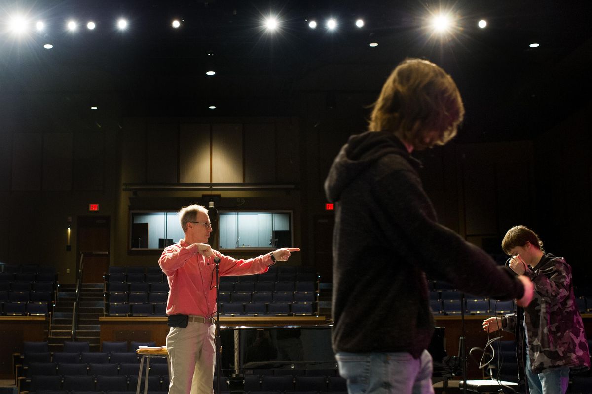 Dan Huffman helps his students plan lighting for an upcoming stage production on March 16 at Deer Park High School in Deer Park, Wash. (Tyler Tjomsland / The Spokesman-Review)