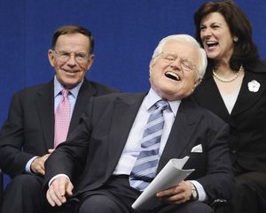ORG XMIT: BX102 In this May 12, 2008, photo, Paul Kirk, Jr., left, chairman of the John Kennedy Library Foundation Board of Directors, shares a laugh with late Sen. Edward Kennedy, center, and his wife Victoria at the annual Profile in Courage Award ceremonies at the John F. Kennedy Presidential Library and Museum in Boston. A Kennedy family confidant said Wednesday, Sept. 23, 2009, that sons of Sen. Kennedy want Paul Kirk to temporarily replace their father in the U.S. Senate.    (AP Photo/Lisa Poole) (Lisa Poole / The Spokesman-Review)