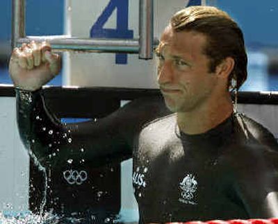 
Ian Thorpe pumps his fist after qualifying first in a 200-meter freestyle heat on Sunday. 
 (Associated Press / The Spokesman-Review)