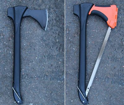 Above: The Woodsman axe, manufactured by the Zippo, doubles as a saw and sells for $79.95. At top: The Long Handle Camper’s Axe from Estwing sells for $75.
