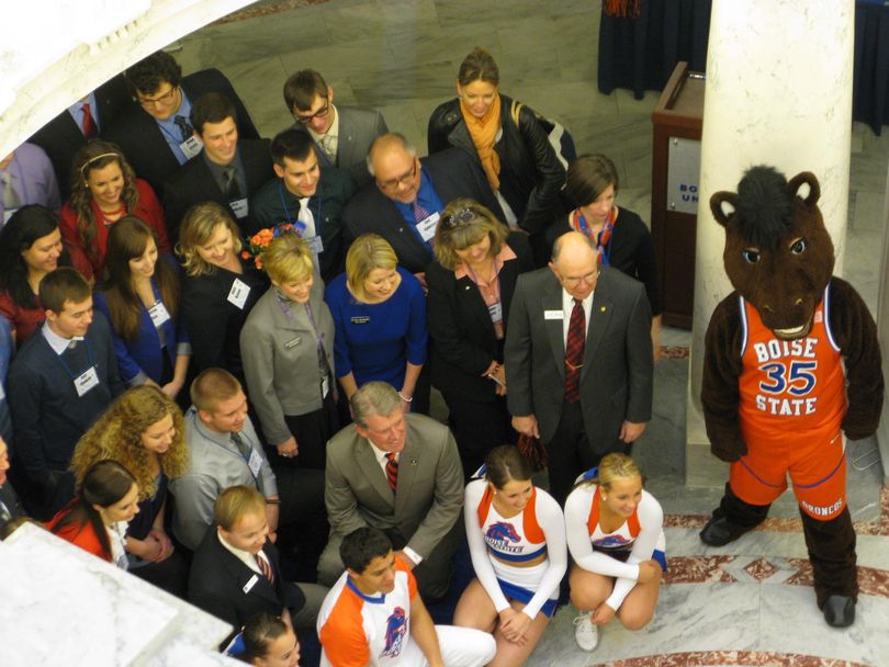 BSU boosters and 'Buster Bronco' gather with Gov. Butch Otter in the state capitol on Thursday to mark 'Boise State University Day.' (Betsy Russell)