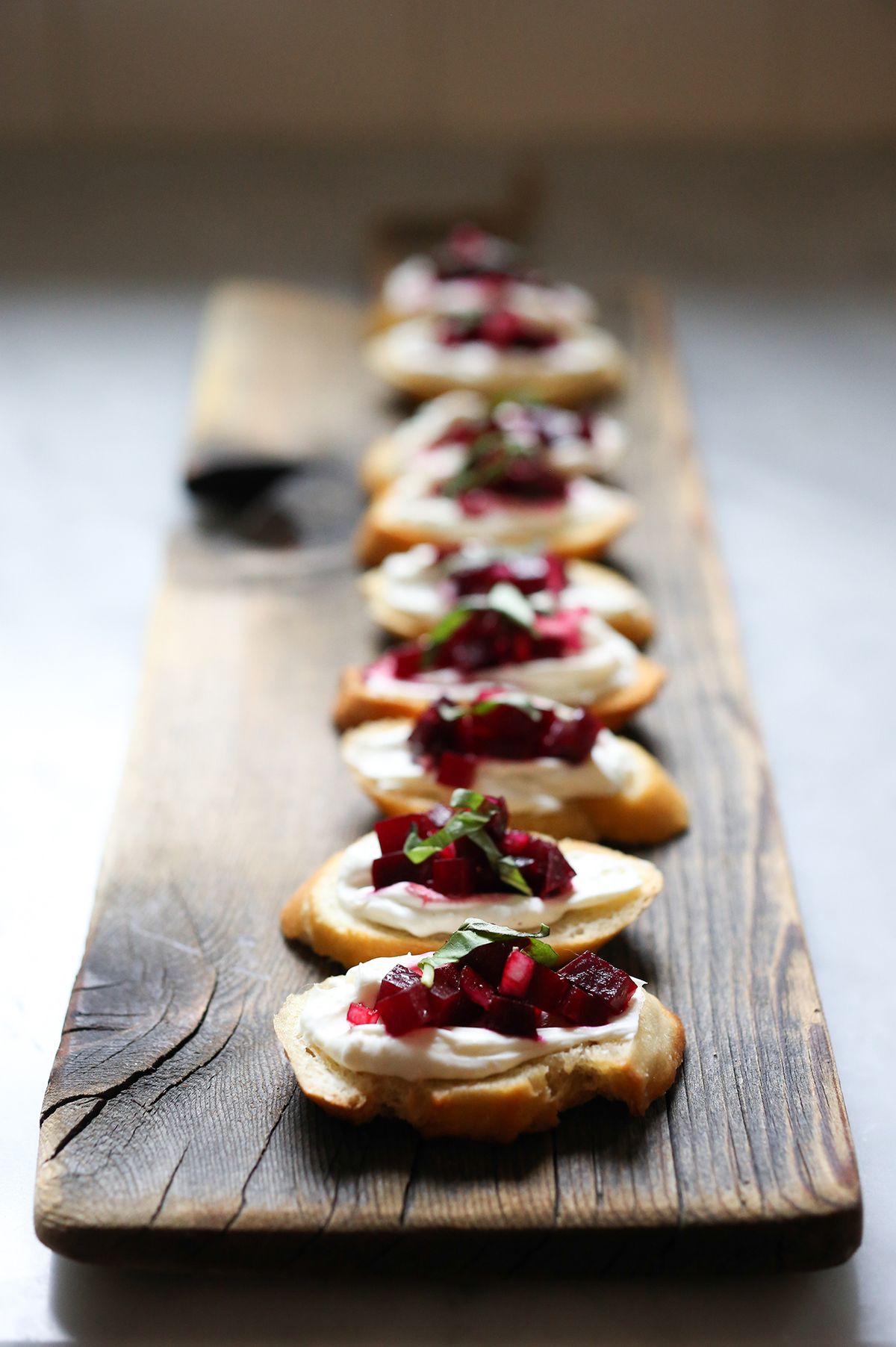 Beet bruschetta with goat cheese and basil is a standout appetizer.