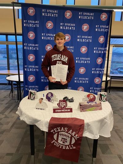 Mt. Spokane kicker Ethan Moczulski signed his national letter of intent to play at Texas A&M at school on Wednesday, Dec. 15, 2021.  (Courtesy)