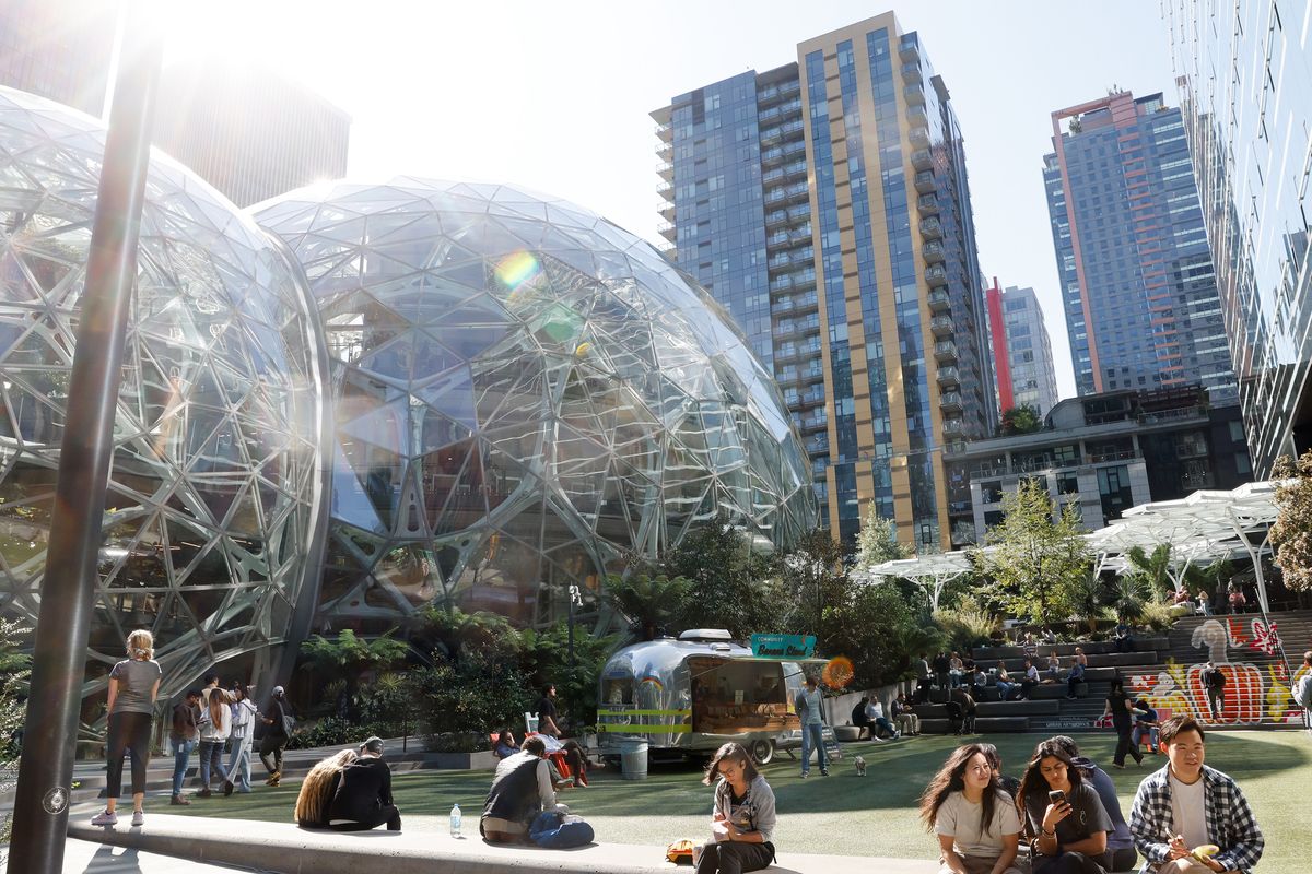 Scene next to the Amazon Spheres at lunch hour in Seattle on Wednesday, Sept. 24, 2025.   (Karen Ducey/The Seattle Times/TNS)
