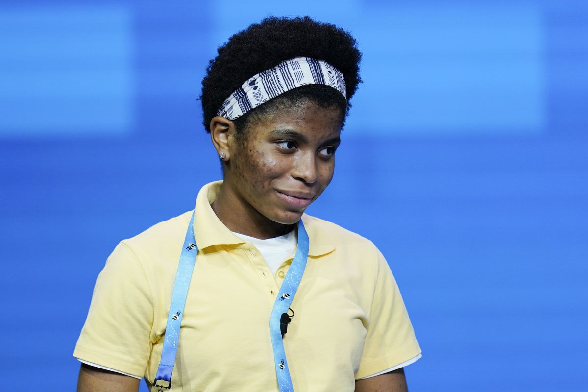 Zaila Avant-garde, 14, from Harvey, Louisiana reacts after correctly spelling a word during the finals of the 2021 Scripps National Spelling Bee at Disney World on Thursday in Lake Buena Vista, Fla.  (John Raoux)