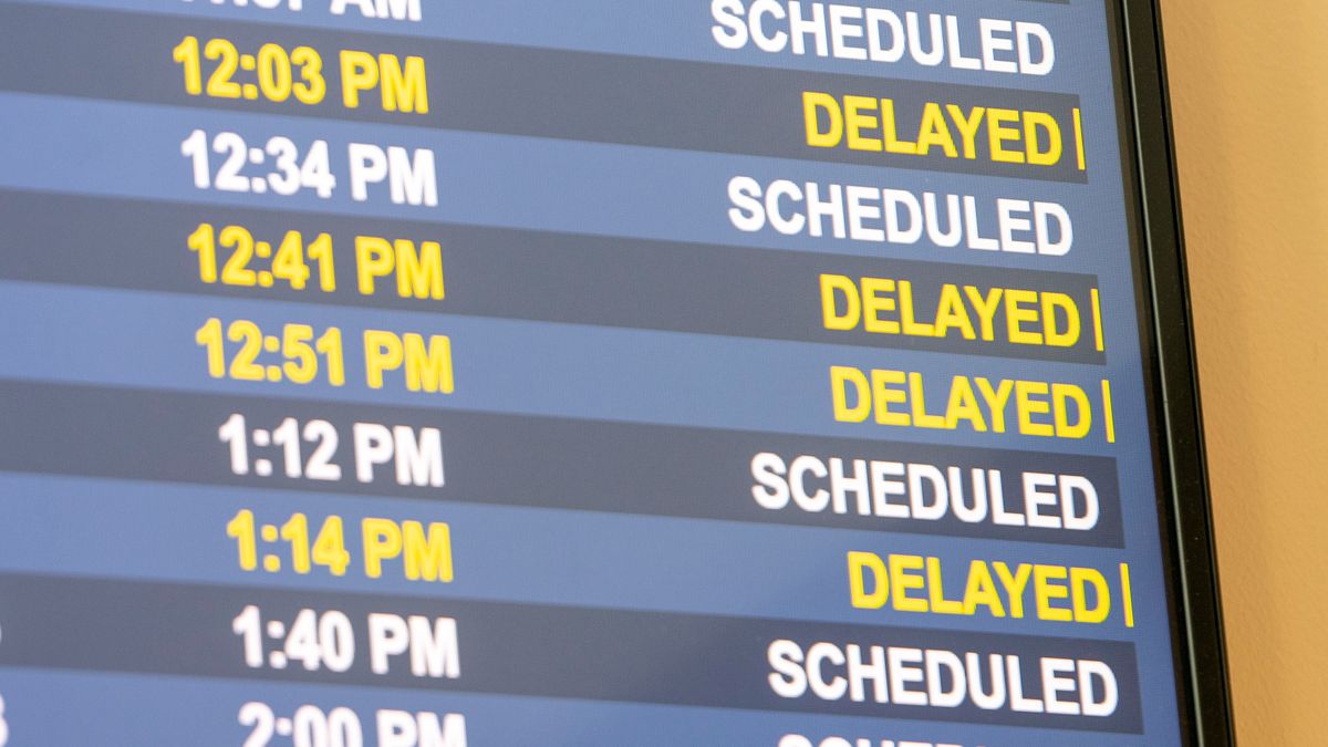 The information displays at Spokane International Airport shows the prevalence of flight delays caused by overnight computer problem’s in the Federal Aviation Administration’s system, causing one to two hour delays across the country and across all airlines Monday, Jan. 11,  (Jesse Tinsley/THE SPOKESMAN-REVIEW)