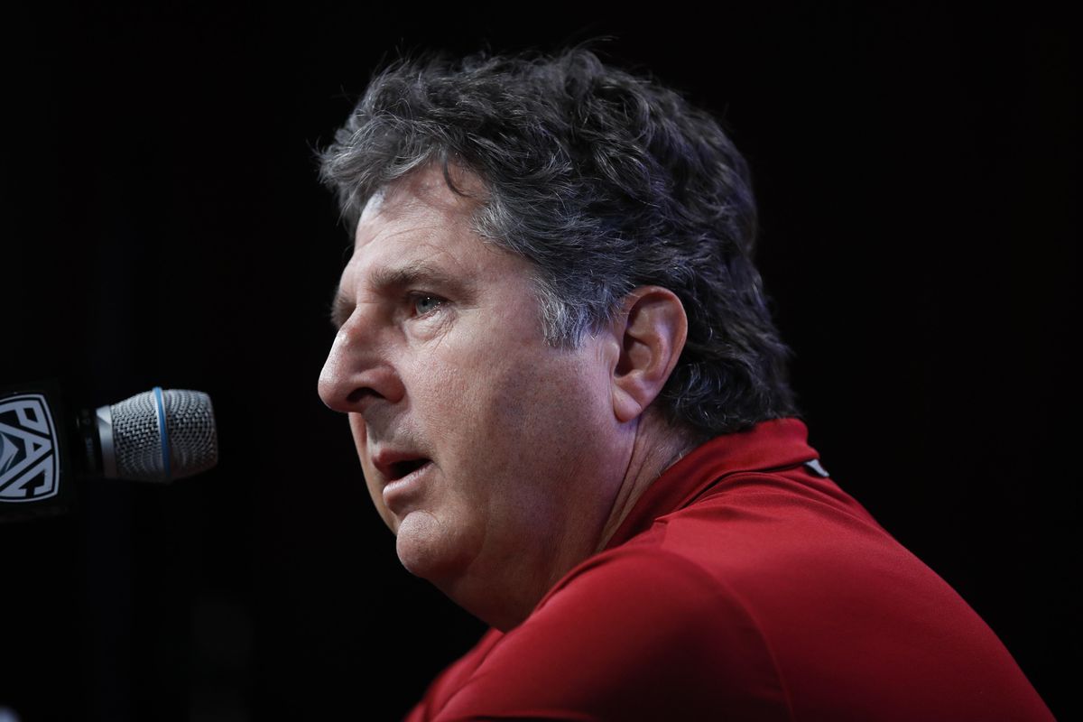 Washington State head coach Mike Leach speaks at the Pac-12  Football Media Day in Los Angeles on Wednesday. (Jae C. Hong / AP)