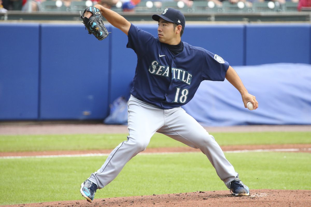 Seattle Mariners starting pitcher Yusei Kikuchi throws to the Toronto Blue Jays during the first inning of a baseball game, Thursday, July 1, 2021, in Buffalo, N.Y.  (Associated Press)