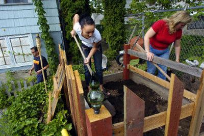 
Naisia Bailey works with her guardian parents, Tony and Lerria Schuh, in the garden behind their home on Spokane's North Side on Thursday. They  met through the Big Brothers Big Sisters program in 1998, and Bailey moved in with the Schuhs the last year of high school. She is headed to college next year. 
 (Christopher Anderson/ / The Spokesman-Review)