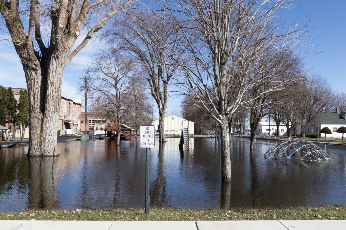 The park in the center  of Sprague, Washington, is under two to three feet of water from the nearby creek, which flooded several parcels of land around it before being contained by sandbags and berms Sunday. (Jesse Tinsley / The Spokesman-Review)
