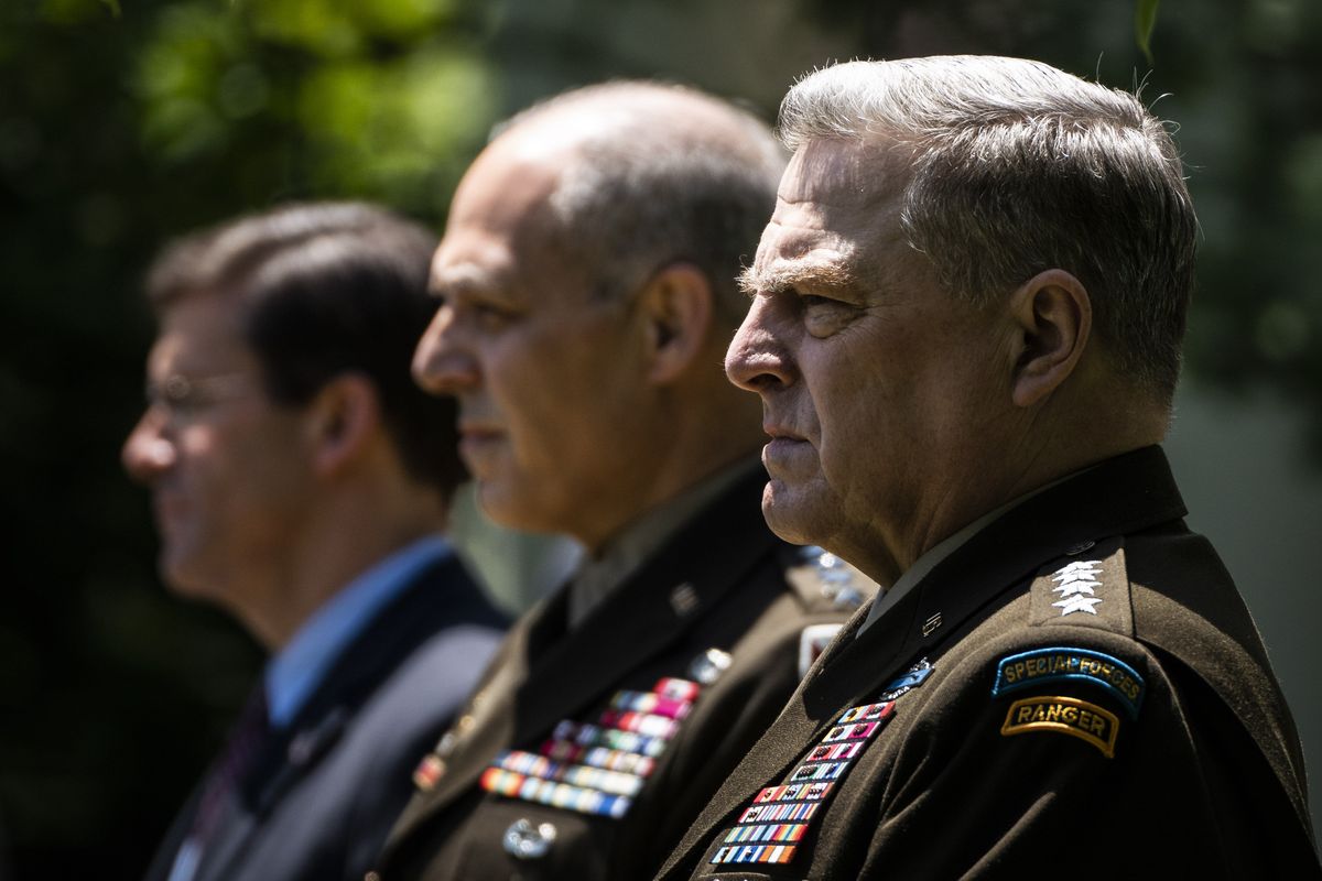 Joint Chiefs Chairman Gen. Mark Milley, right, participates in a vaccine development event in the Rose Garden at the White House on May 15, 2020.  (Jabin Botsford/The Washington Post)