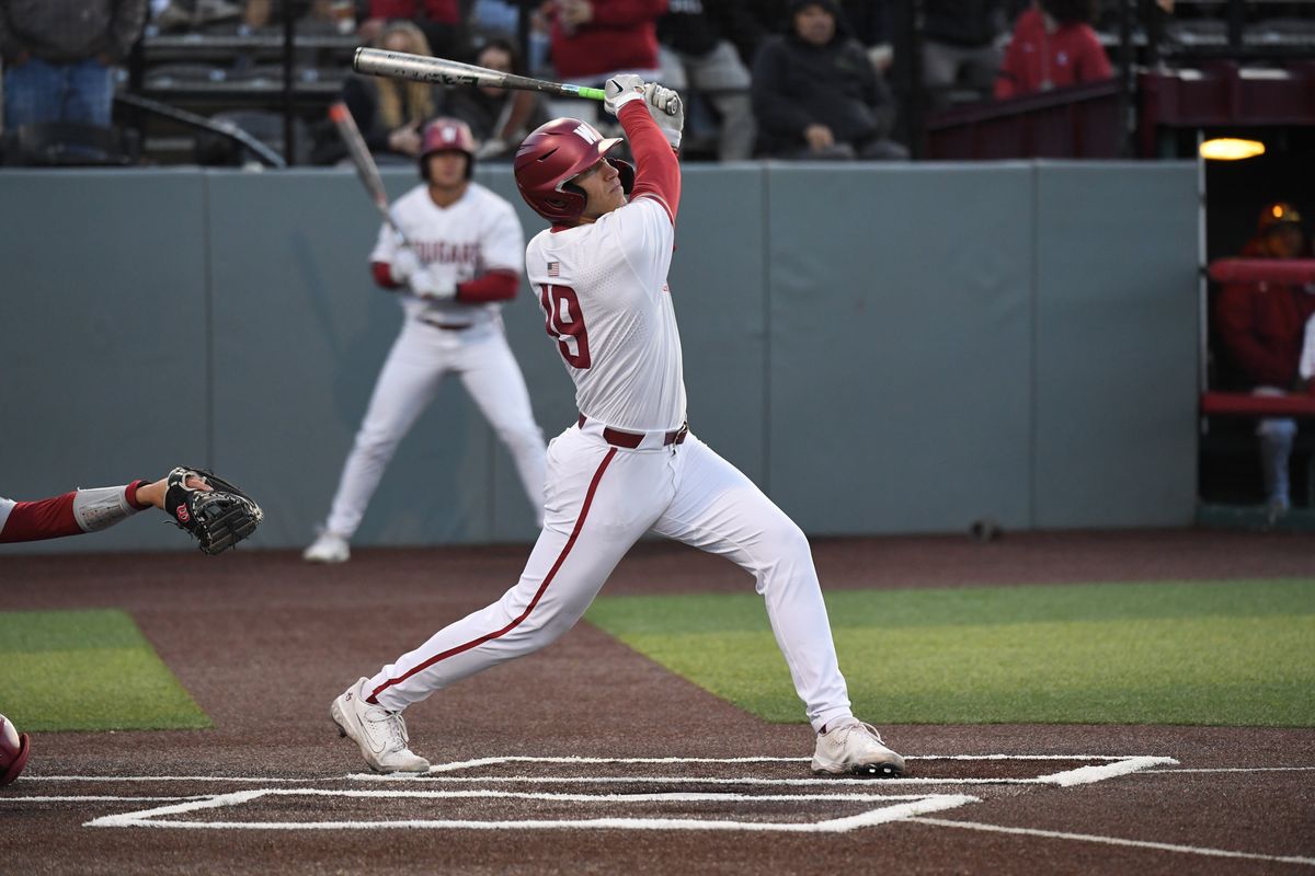 Washington State infielder Jacob McKeon swings during a Pac-12 game against USC on April 29, 2022, at Bailey-Brayton Field in Pullman.  (WSU Athletics)