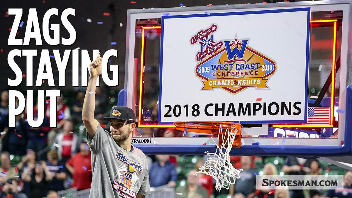 Gonzaga forward Killian Tillie cuts the nets after Gonzaga defeated BYU for the West Coast Conference championship, Tuesday, March 6, 2018, at the Orleans Arena in Las Vegas. Gonzaga athletic director Mike Roth announced on Monday that GU would remain in the WCC. (Dan Pelle / The Spokesman-Review)