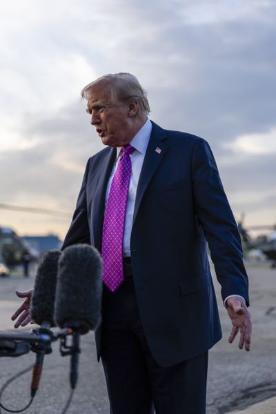 President Donald Trump talks to members of the press pool before boarding Air Force One to return to Washington, at Morristown Airport in Morris County, N.J., Sept. 14, 2025. The U.S. military struck a Venezuelan boat for the second time this month, killing three people, the president said on Monday. He said that the vessel was heading to the United States.   (New York Times )