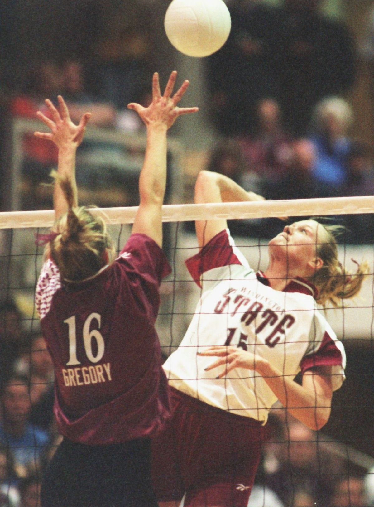 Then: WSU volleyball All-American Sarah Silvernail goes on the attack against Stanford in 1996. (File)