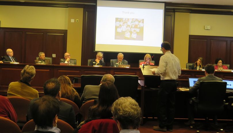 Basin School District Superintendent John McFarlane discusses pre-K education with the Idaho Senate Education Committee at a well-attended, but rushed, informational hearing on Wednesday, Feb. 22, 2017. (Betsy Z. Russell)