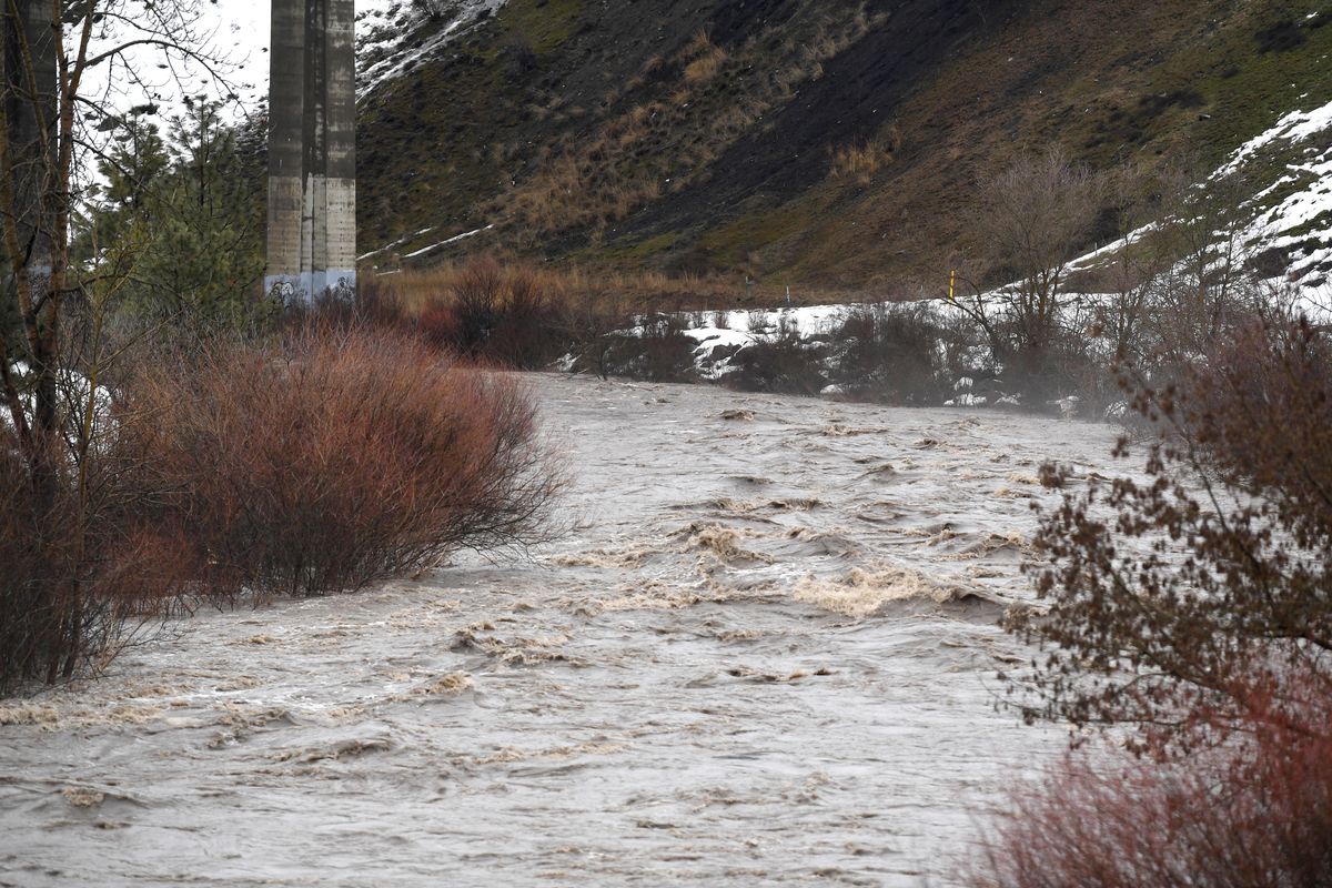 Hangman Creek, a slow-moving waterway that winds from Idaho, through the Palouse and to the Spokane River, roils with spring runoff Thursday, Feb. 16, 2017, in the Vinegar Flats area as water levels near flood stage. (Jesse Tinsley / The Spokesman-Review)