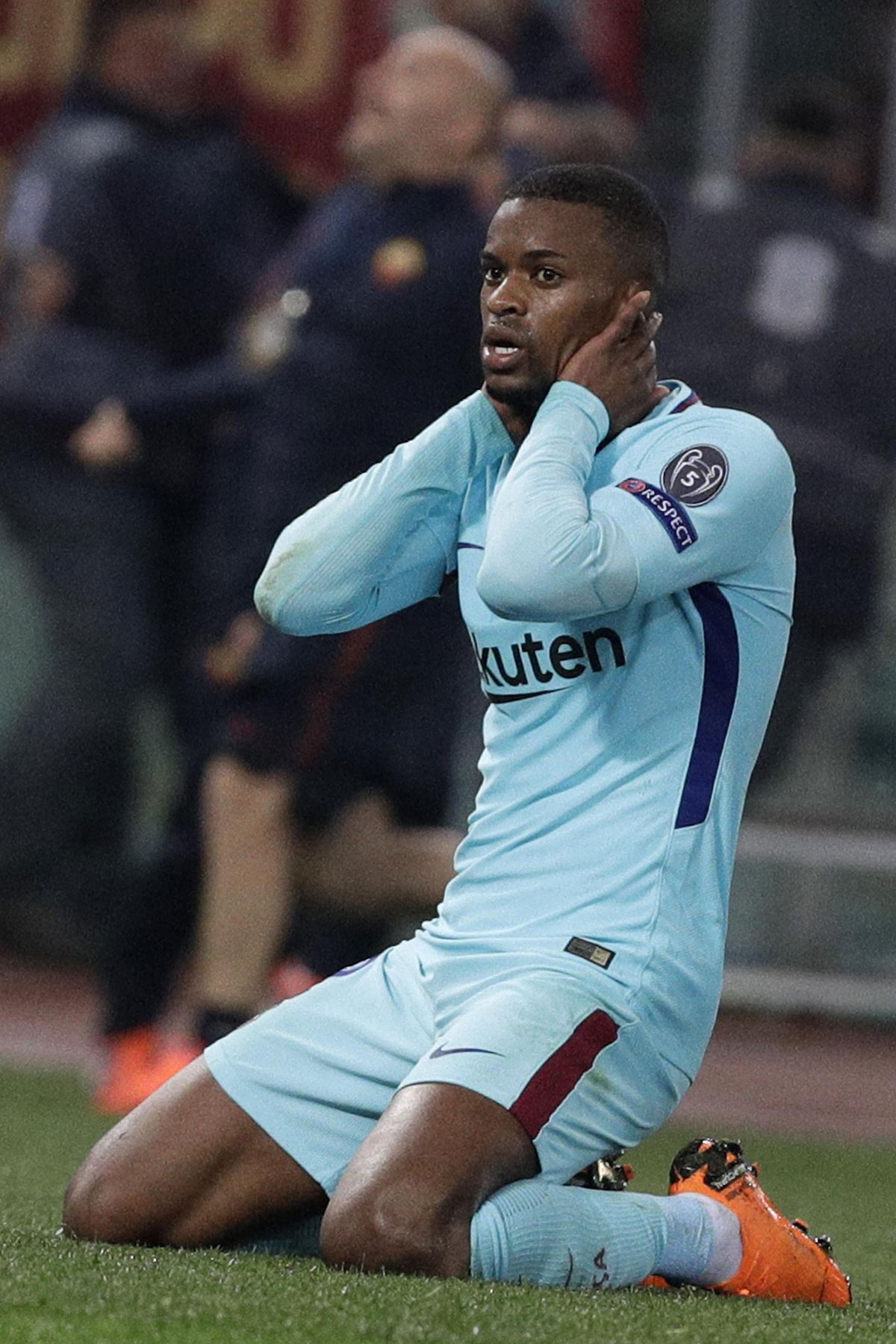 Barcelona’s Nelson Semedo grabs his head after Roma scored 3-0 during the Champions League quarterfinal second leg soccer match between between Roma and FC Barcelona, at Rome’s Olympic Stadium, Tuesday, April 10, 2018. (Gregorio Borgia / Associated Press)