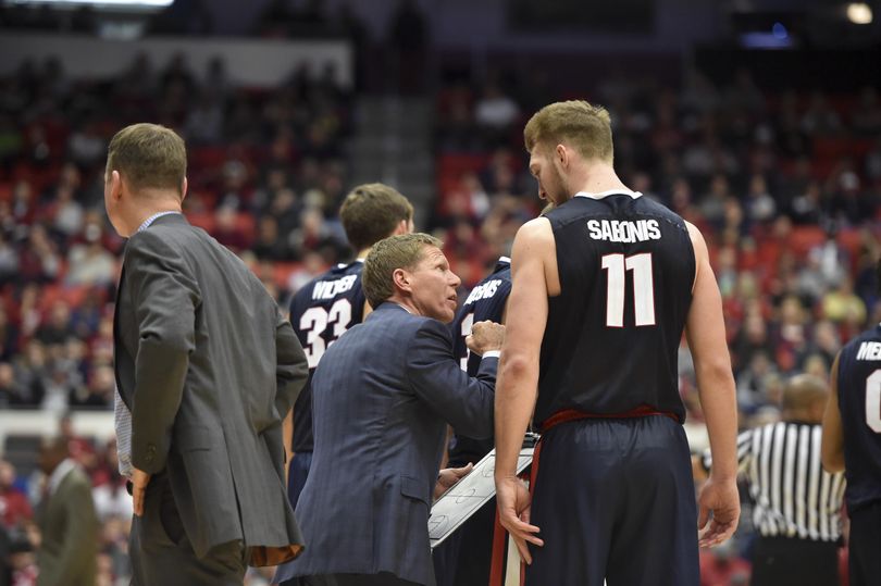 Gonzaga head coach Mark Few gives pointers to forward Domantas Sabonis against WSU during the second half of a college basketball game on Wednesday, Dec 2, 2015, at Beasley Coliseum in Pullman, Wash. Gonzaga won the game 69-60. (Tyler Tjomsland / The Spokesman-Review)