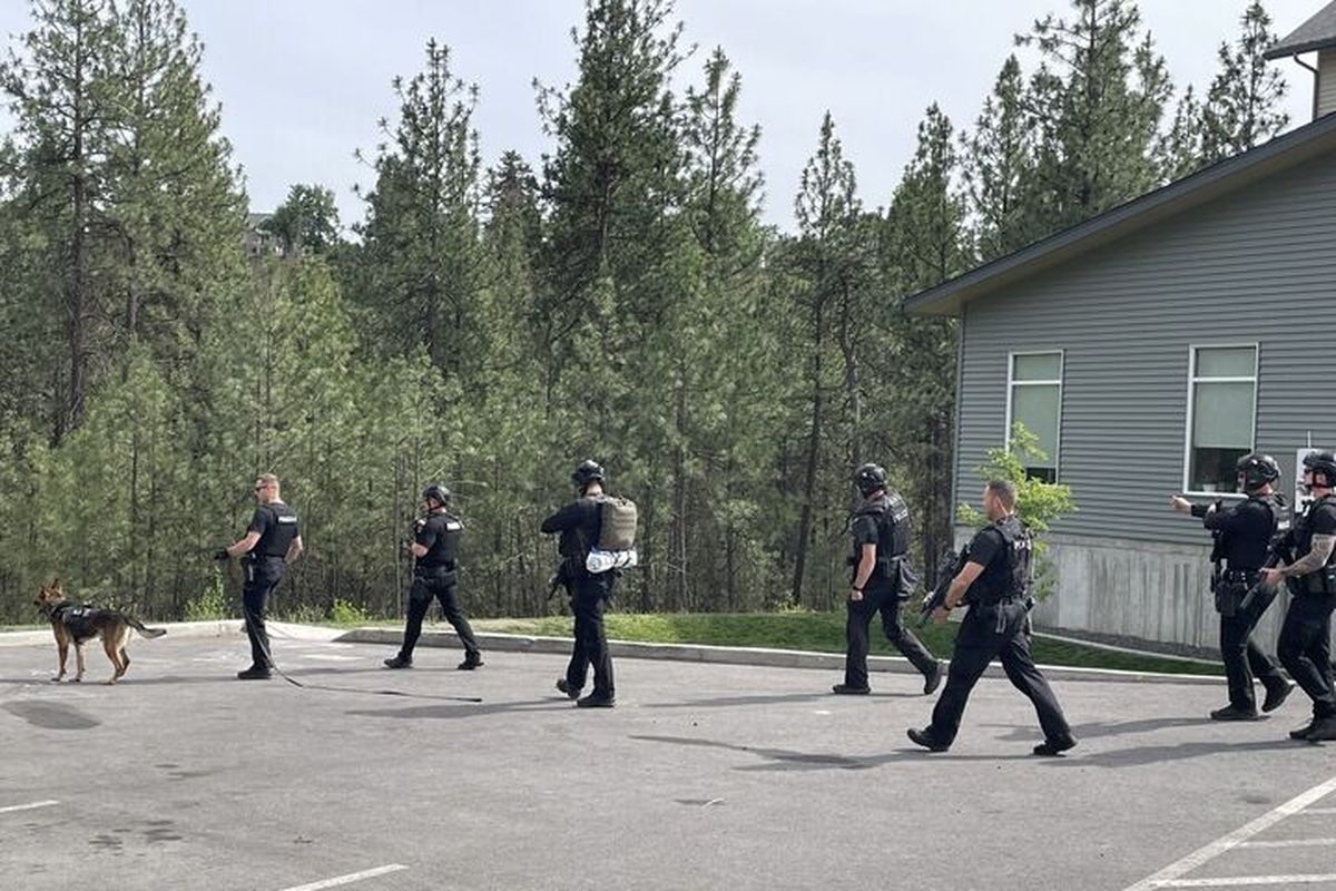 K-9 and SWAT team members enter a wooded area to search for people involved in a shooting Friday at Mother Teresa Haven apartment complex near Spokane Falls Community College.   (Garrett Cabeza / The Spokesman-Review)