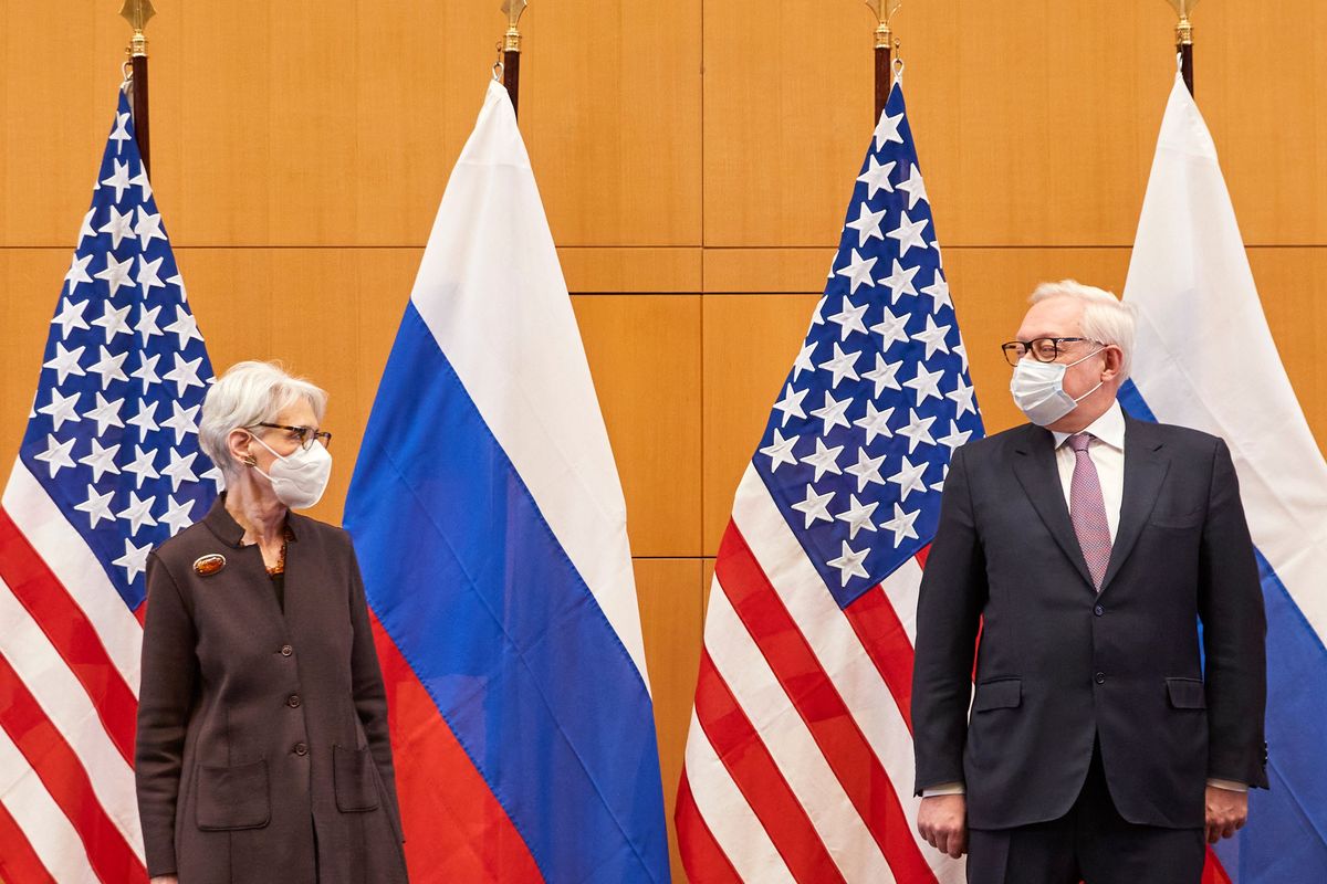 US Deputy Secretary of State Wendy Sherman, left, and Russian deputy foreign minister Sergei Ryabkov attend security talks at the United States Mission in Geneva, Switzerland, Monday, Jan. 10, 2022.  (Denis Balibouse)