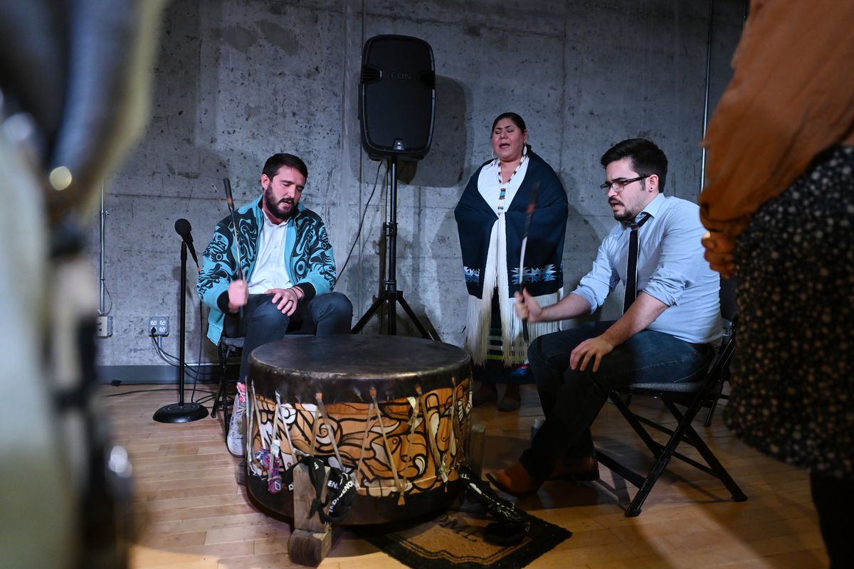 From left, Nick Courtney, Mary Phillips and Max Yamane of Uptown Singerz perform at the Woolly Mammoth Theatre in Washington, D.C.  (Matt McClain/The Washington Post)