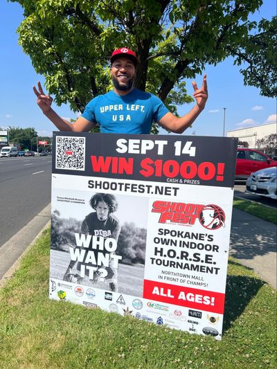 Genesis Veronon at the NorthTown Mall parking lot promoting his third Shoot Fest Tournament.  (Courtesy of Bummy Boss Clip’s & Beauty Supply)