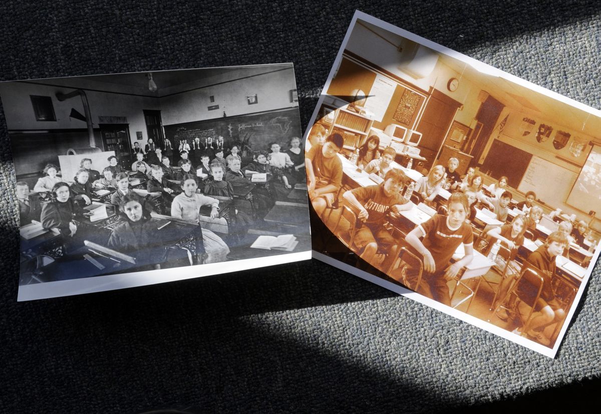 Jefferson Elementary School fourth-graders, right, re-enact a scene, left, from a photo estimated to be from around the 1910 era at the school. The re-eneactment was shot in the same classroom as the original. (Dan Pelle / The Spokesman-Review)