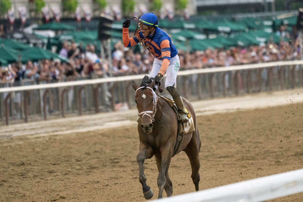 Mo Donegal and jockey Irad Ortiz Jr. ride to victory in the 154th running of the Belmont Stakes, in Elmont, N.Y., on Saturday. Nest, a filly, finished second, and Skippylongstocking was third.  (Uli Seit/New York Times)