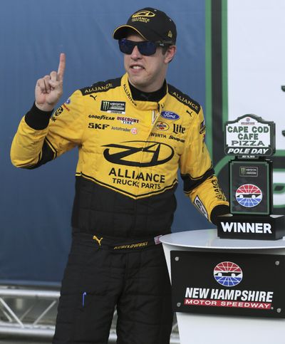 Brad Keselowski poses after winning the pole during qualifying for Sunday’s NASCAR Cup Series auto race at New Hampshire Motor Speedway in Loudon, N.H., Friday, July 19, 2019. (Charles Krupa / Associated Press)