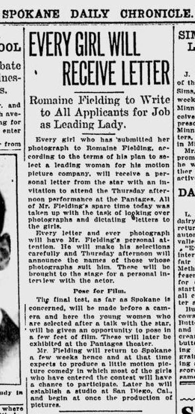 Romaine Fielding, a silent film star who was starting his own motion picture company, announced that he was searching in Spokane for a “leading woman” for his movies, The Spokane Daily Chronicle reported on Aug. 29, 1916. (Spokesman-Review archives)