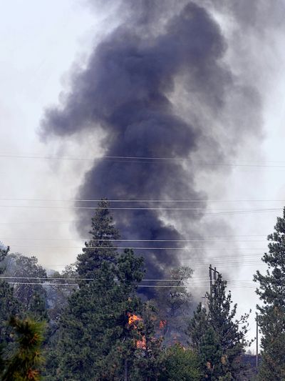 A fire burns on a ridge in an area of rural homes near North Harvard Road on Friday. The fire was under control as of 4 p.m., a fire dispatcher said. (Jesse Tinsley)