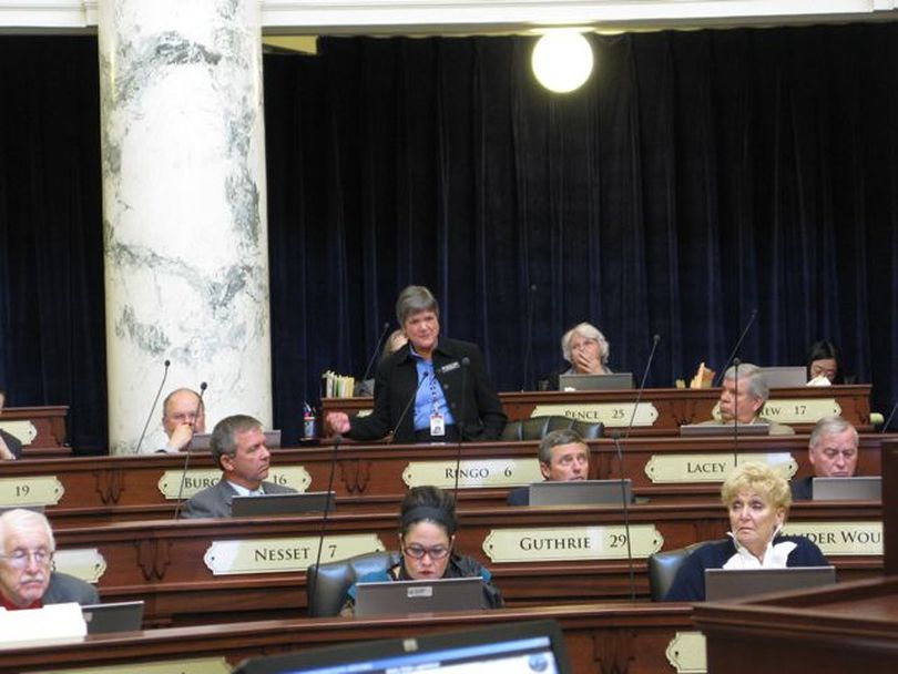 Rep. Shirley Ringo, D-Moscow, a retired teacher, debates against SB 1108, the teacher contract bill, in Tuesday morning's House debate. (Betsy Russell)
