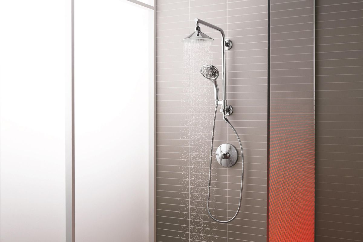 Kohler’s Moxie shower head coordinates with its Flipside hand shower and HydroRail Shower Column. (Kohler)